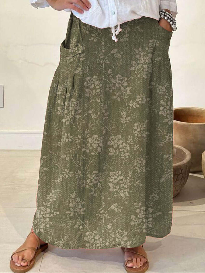 Drune | Vintage Blumen Leinen Elastischer Taillenbund Rock mit Taschen