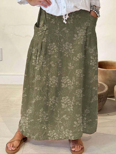 Drune | Vintage Blumen Leinen Elastischer Taillenbund Rock mit Taschen