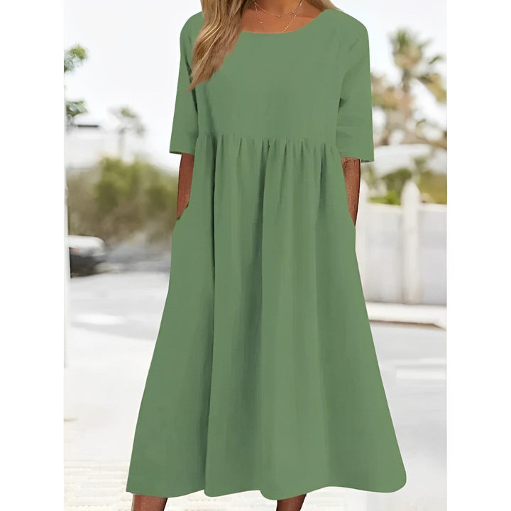 Drune | Atmungsaktives Baumwoll-Leinen Vintage Midi-Kleid mit Falten-Design
