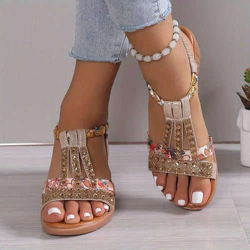 Drune | Boho Keilabsatz Sandalen Mit Geflochtenem Riemen Und Strasssteinen Für Frauen