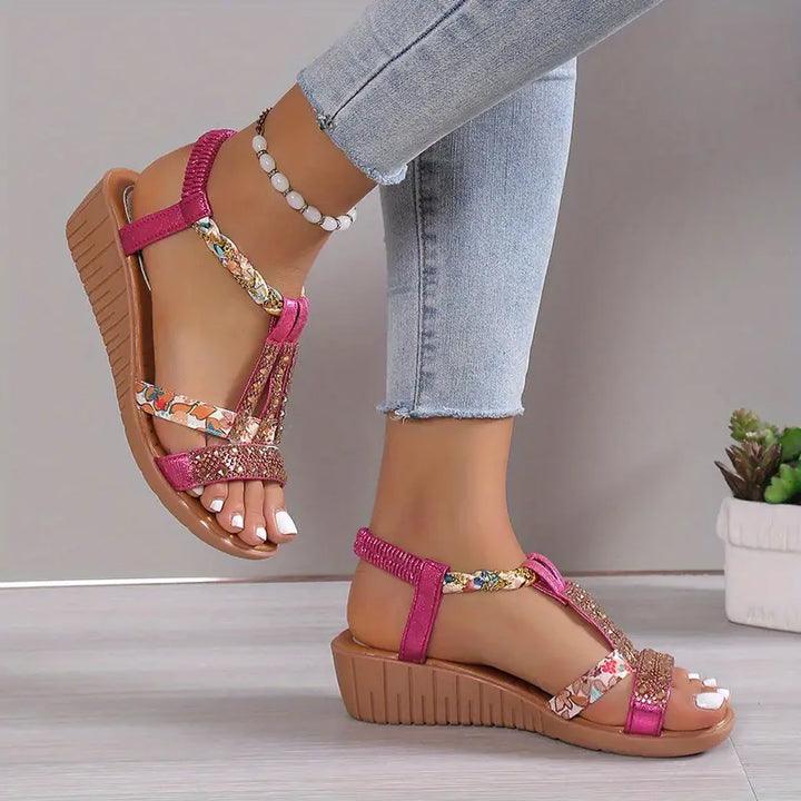 Drune | Boho Keilabsatz Sandalen Mit Geflochtenem Riemen Und Strasssteinen Für Frauen