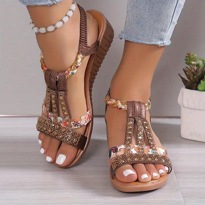 Drune | Boho Keilabsatz Sandalen Mit Geflochtenem Riemen Und Strasssteinen Für Frauen