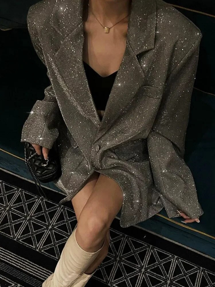 Glitter Blazer Damen Glänzend Figurbetont Vielseitig