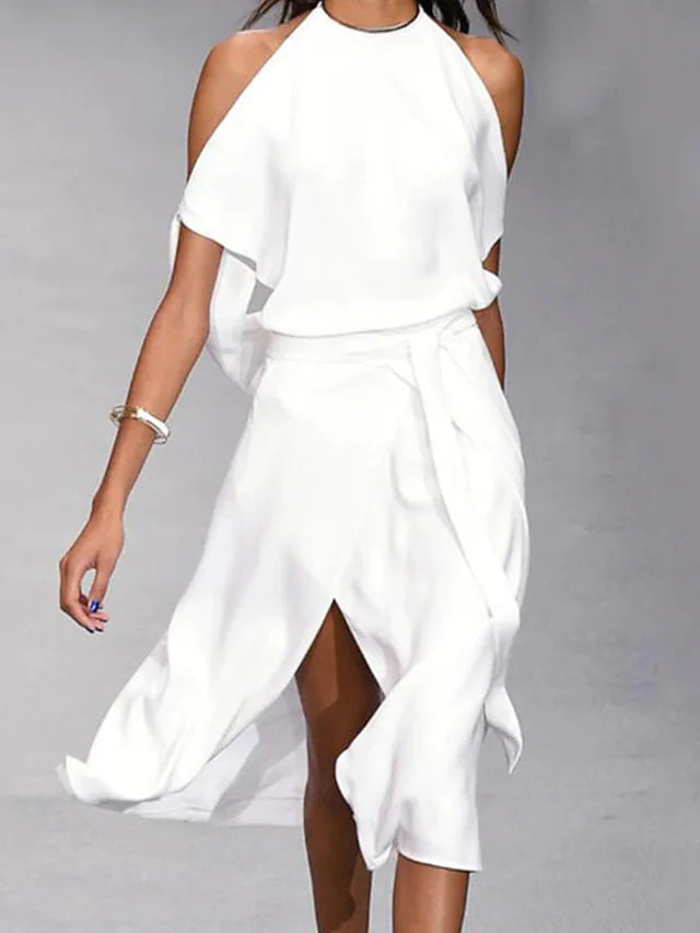 Drune | Midi Kleid Off Shoulder Wickelstil Mit Frontschlitz Elegante Fließende Passform