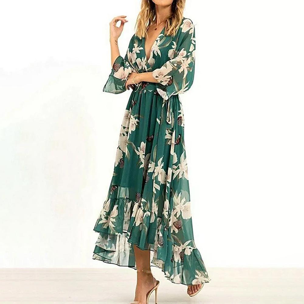 Drune | Damen Maxikleid Fließendes V-Ausschnitt