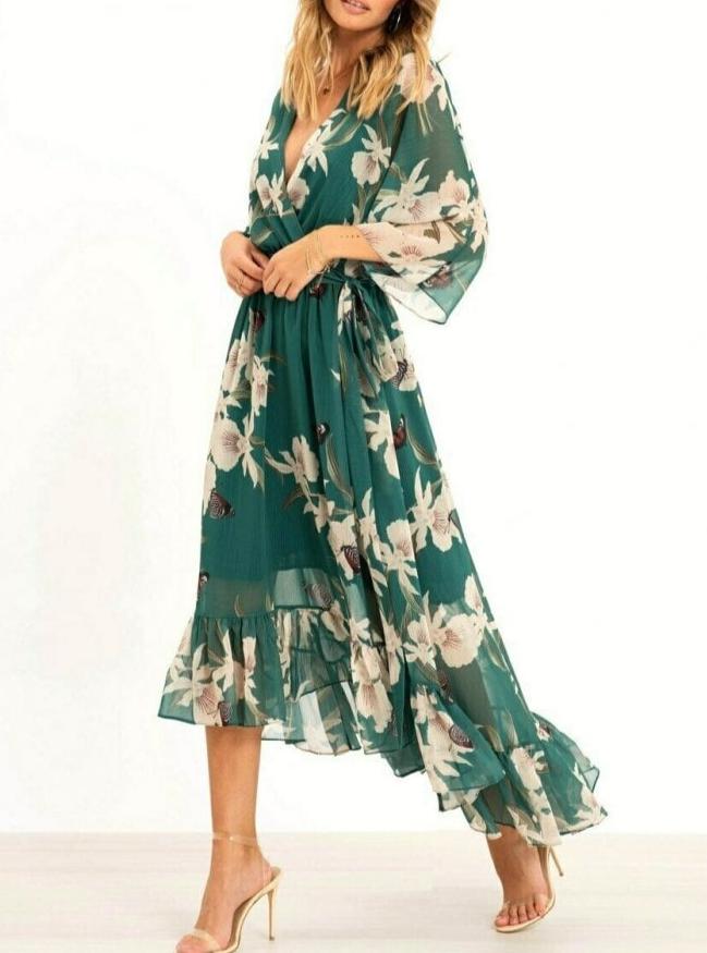 Drune | Damen Maxikleid Fließendes V-Ausschnitt