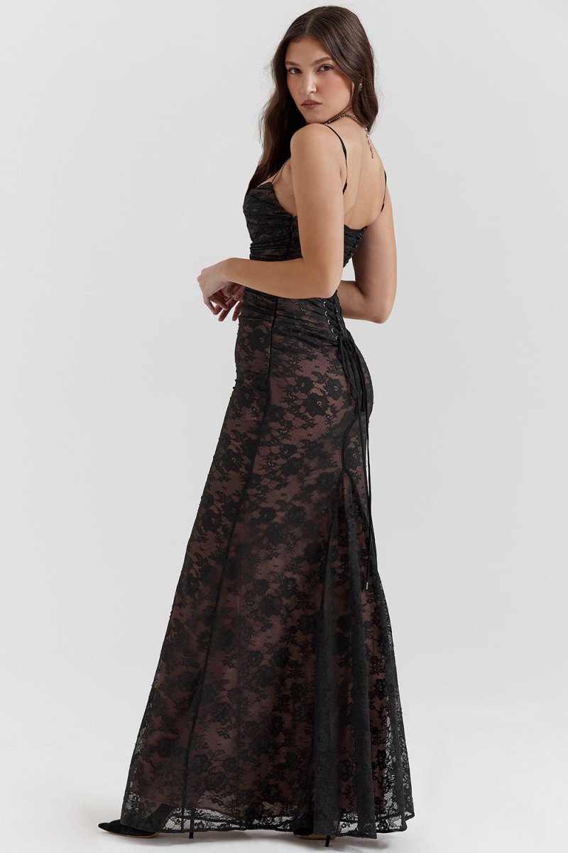 Drune - Damen Elegantes Spitzen-Korsett-Bodycon-Kleid mit Schnür-Taille