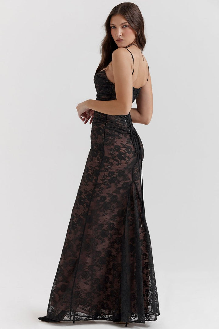 Drune - Damen Elegantes Spitzen-Korsett-Bodycon-Kleid mit Schnür-Taille