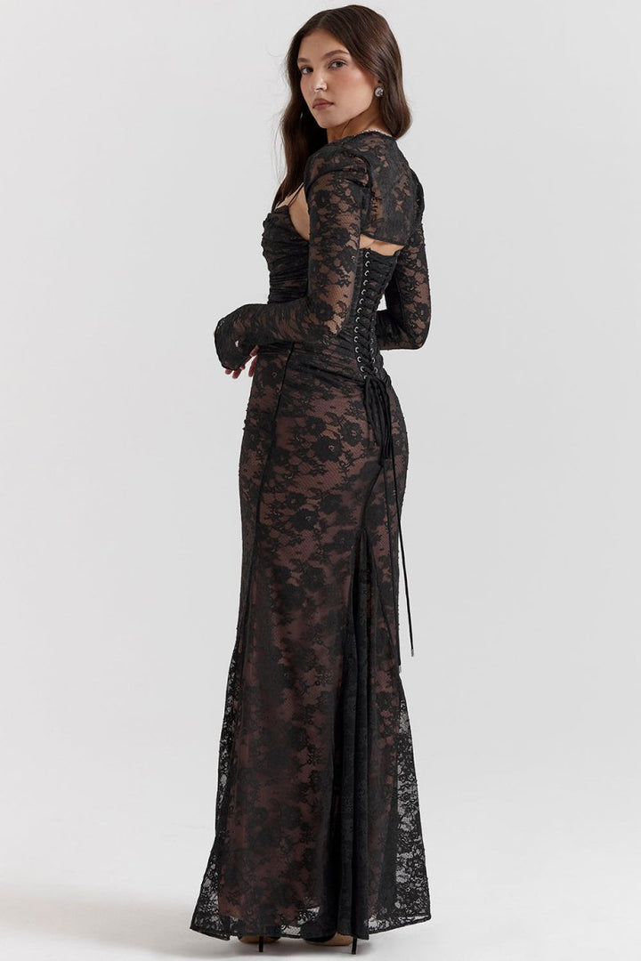 Drune - Damen Elegantes Spitzen-Korsett-Bodycon-Kleid mit Schnür-Taille