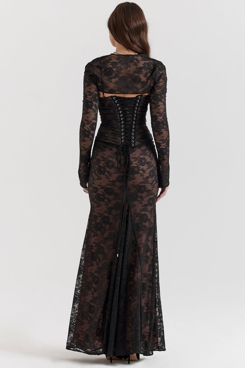 Drune - Damen Elegantes Spitzen-Korsett-Bodycon-Kleid mit Schnür-Taille