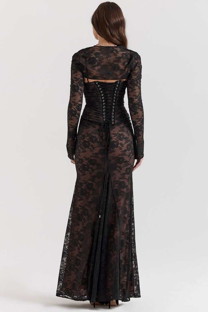Drune - Damen Elegantes Spitzen-Korsett-Bodycon-Kleid mit Schnür-Taille