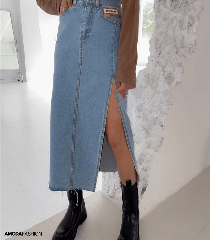 Drune | Langer Bleistift-Denimrock mit Seitenschlitz