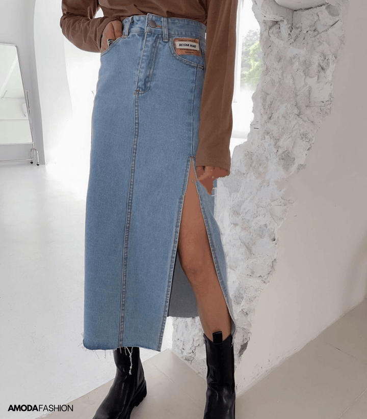 Drune | Langer Bleistift-Denimrock mit Seitenschlitz