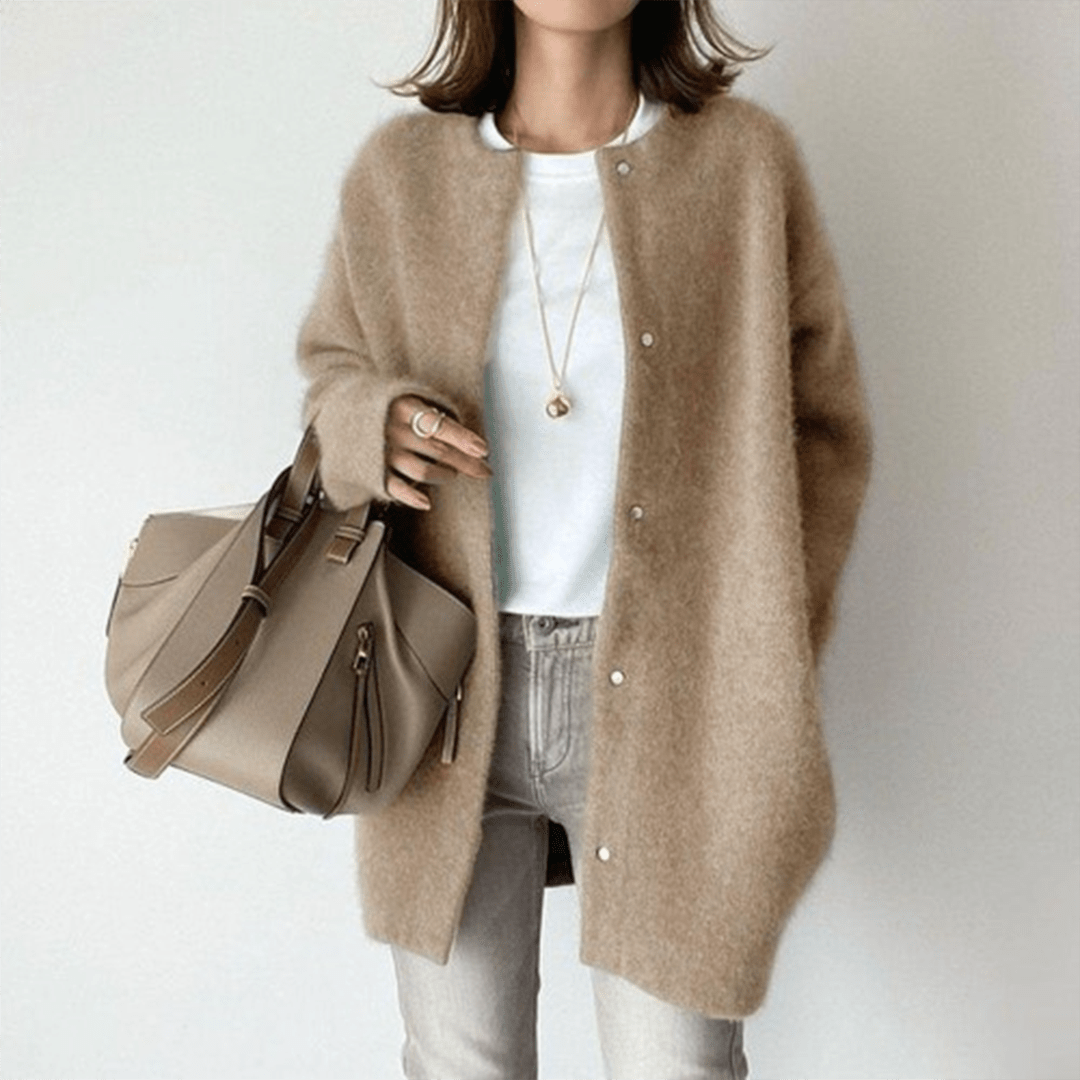 Drune | Langer Cardigan aus weichem Strick Beige Eleganz und Komfort im Alltag