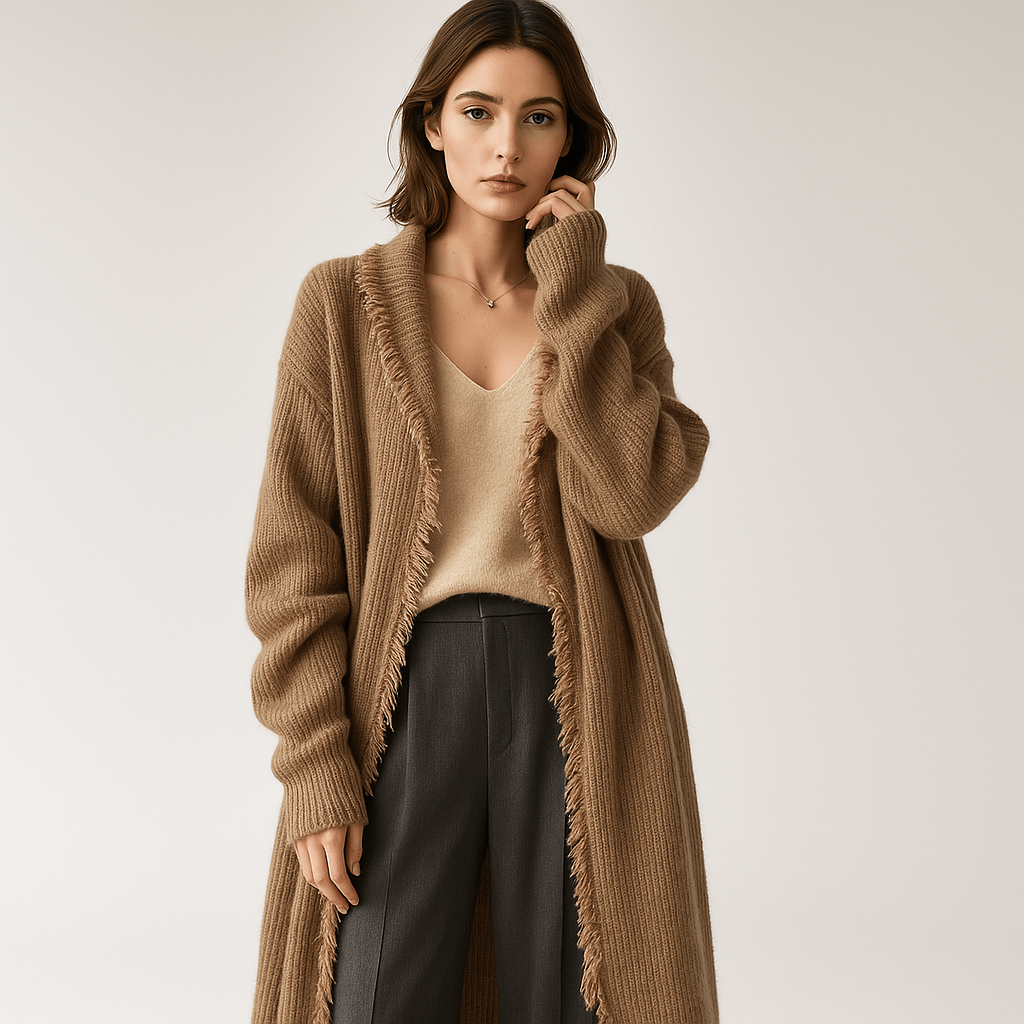 Drune | Cardigan lang ausgefranst oversize Camel Douillet