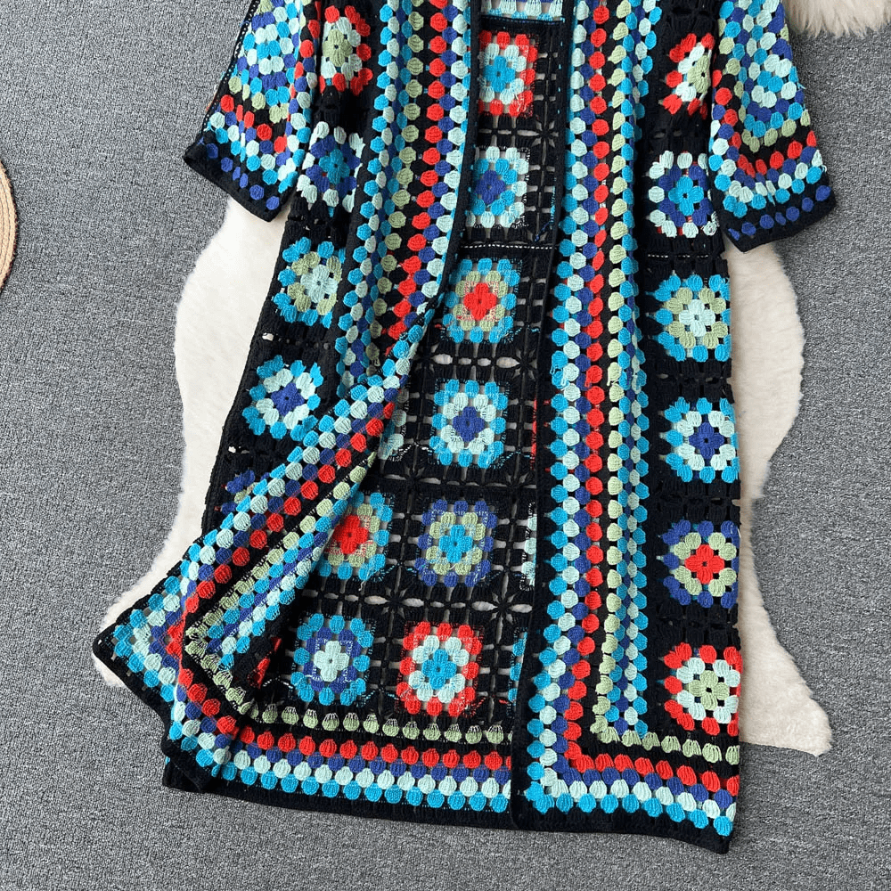 Drune | Lang cardigan aus mehrfarbigem, bohemian und authentischem Häkelstil