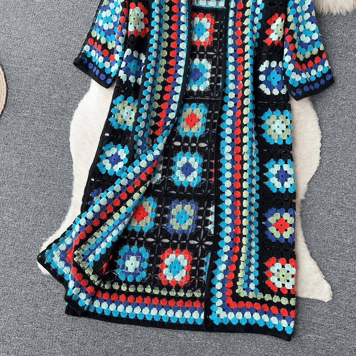 Drune | Lang cardigan aus mehrfarbigem, bohemian und authentischem Häkelstil