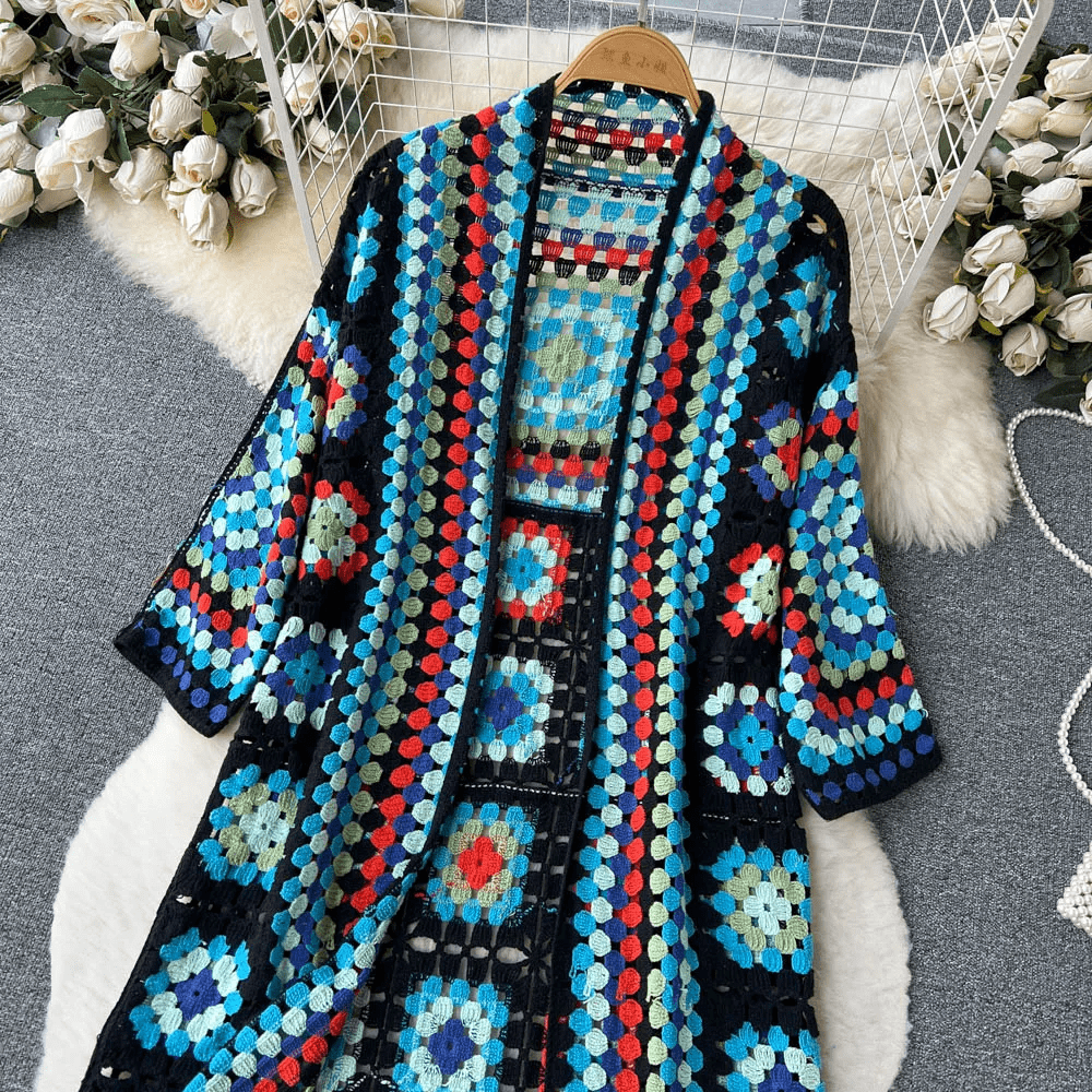 Drune | Lang cardigan aus mehrfarbigem, bohemian und authentischem Häkelstil