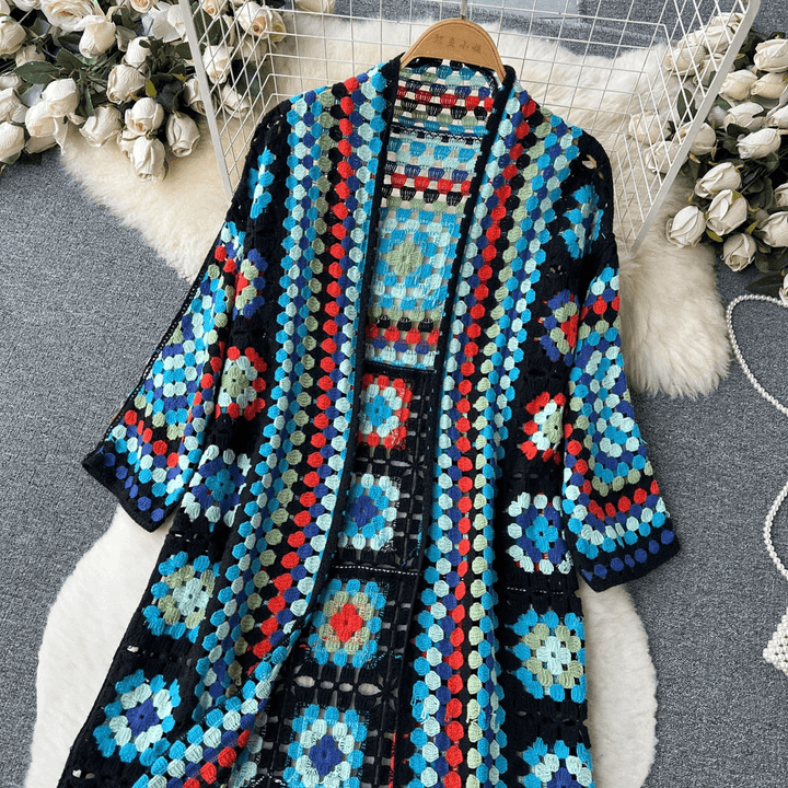 Drune | Lang cardigan aus mehrfarbigem, bohemian und authentischem Häkelstil