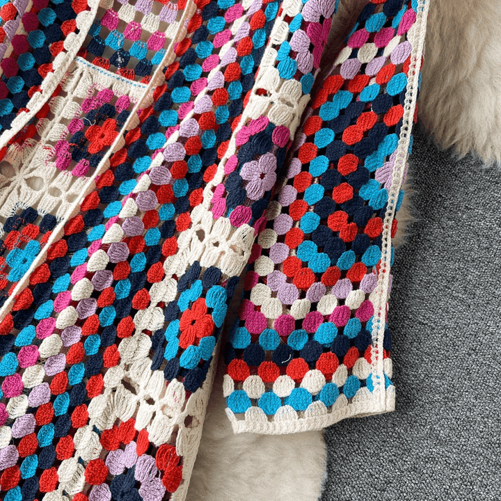 Drune | Lang cardigan aus mehrfarbigem, bohemian und authentischem Häkelstil