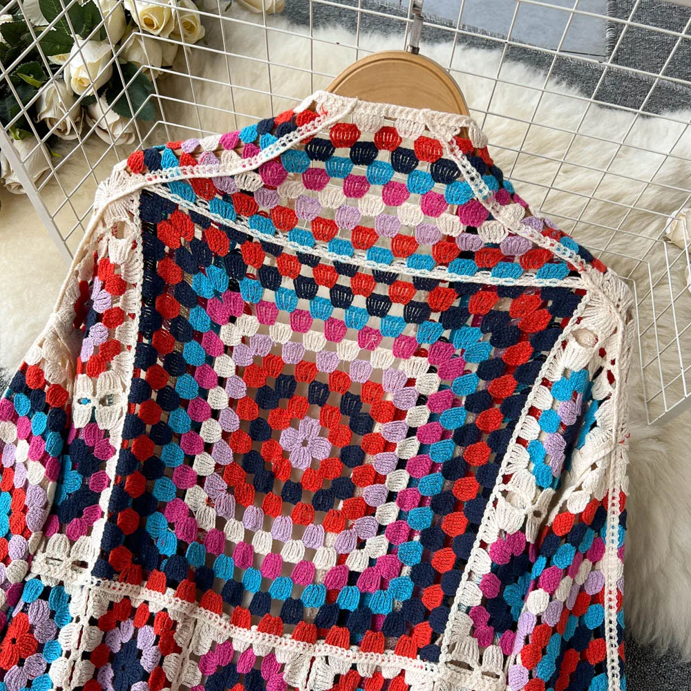 Drune | Lang cardigan aus mehrfarbigem, bohemian und authentischem Häkelstil