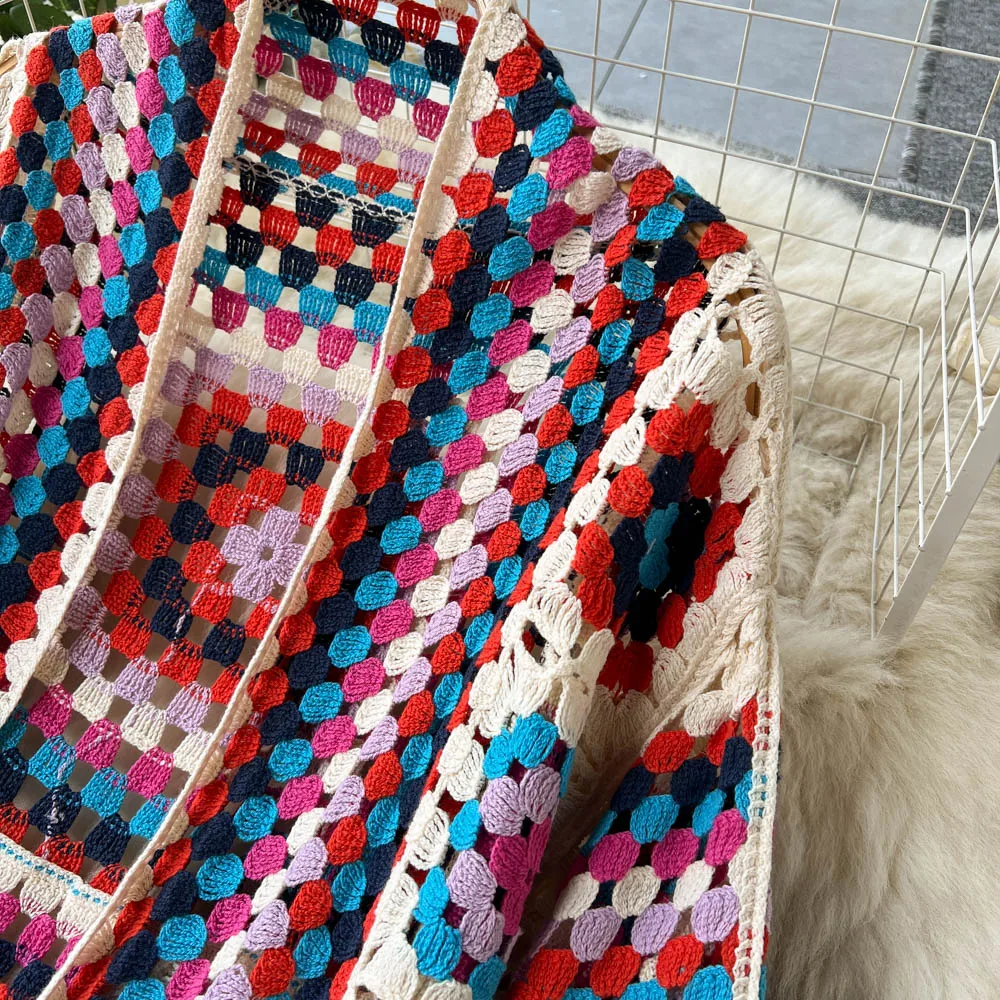 Drune | Lang cardigan aus mehrfarbigem, bohemian und authentischem Häkelstil