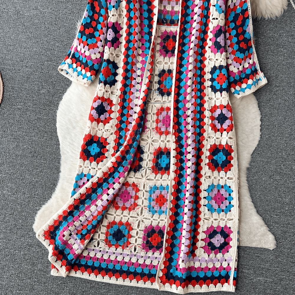 Drune | Lang cardigan aus mehrfarbigem, bohemian und authentischem Häkelstil