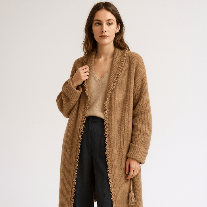 Drune | Cardigan lang ausgefranst oversize Camel Douillet