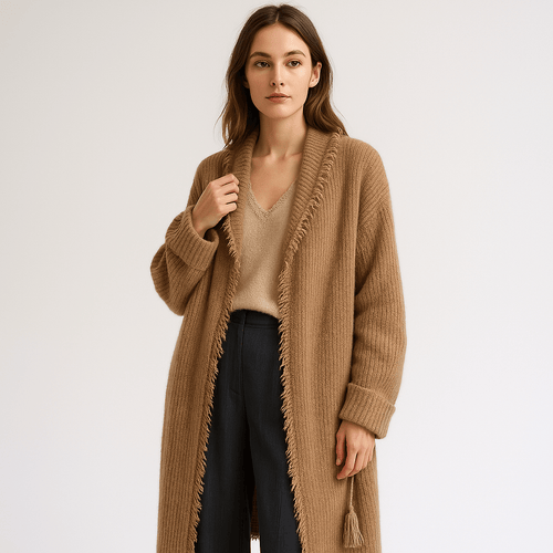 Drune | Cardigan lang ausgefranst oversize Camel Douillet