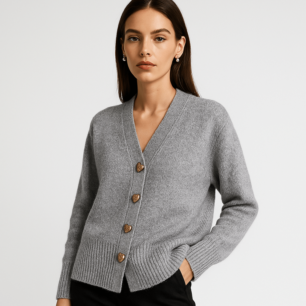Drune | Cardigan Grau V-Ausschnitt & Knöpfe Schalen-Effekt Weiche und Elegante Strickware