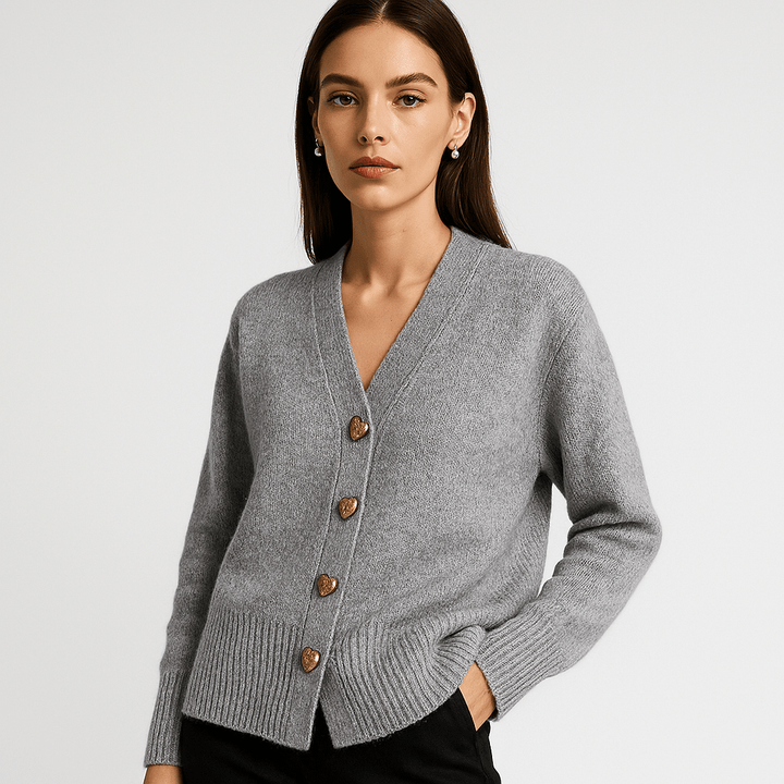 Drune | Cardigan Grau V-Ausschnitt & Knöpfe Schalen-Effekt Weiche und Elegante Strickware