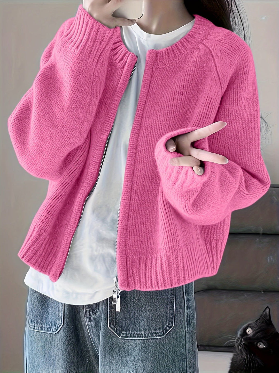 Drune | Oversized Zip-Cardigan Rosa Sanft und Bequem