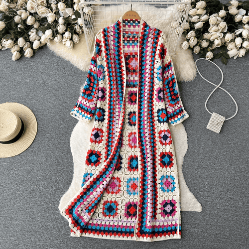 Drune | Lang cardigan aus mehrfarbigem, bohemian und authentischem Häkelstil