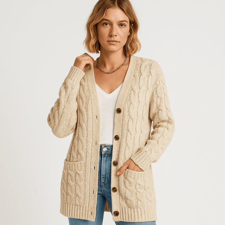 Drune | Beiger, längerer und bequemer Cardigan mit Zopfstrick im zeitlosen Stil