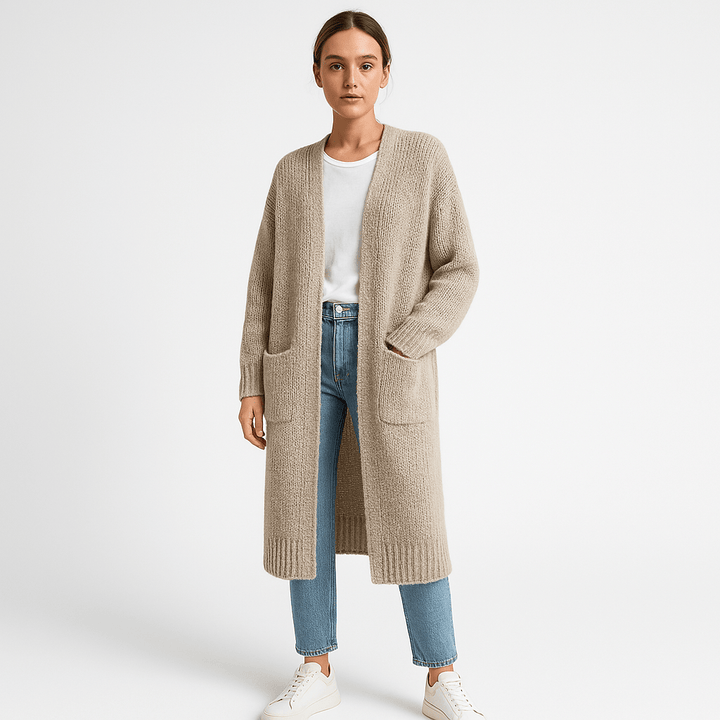 Drune | Langer Cardigan Beige Sanfte Masche Elegante Lässigkeit