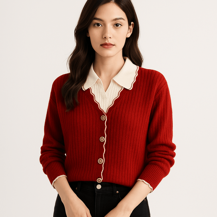 Drune | Cardigan Rot Wellenbordüren Eleganz Kontraststil Preppy und Feminin