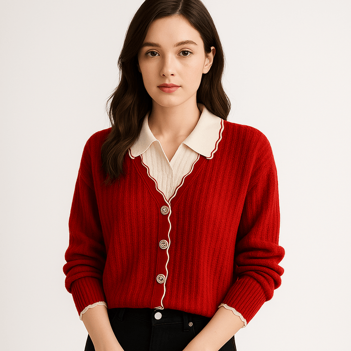 Drune | Cardigan Rot Wellenbordüren Eleganz Kontraststil Preppy und Feminin