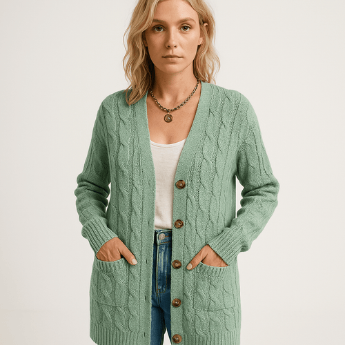 Drune | Beiger, längerer und bequemer Cardigan mit Zopfstrick im zeitlosen Stil