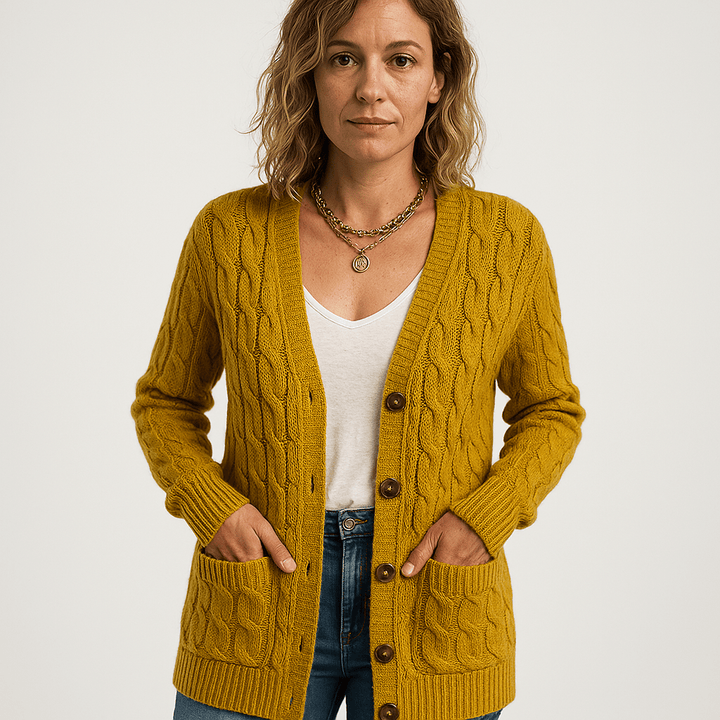 Drune | Beiger, längerer und bequemer Cardigan mit Zopfstrick im zeitlosen Stil