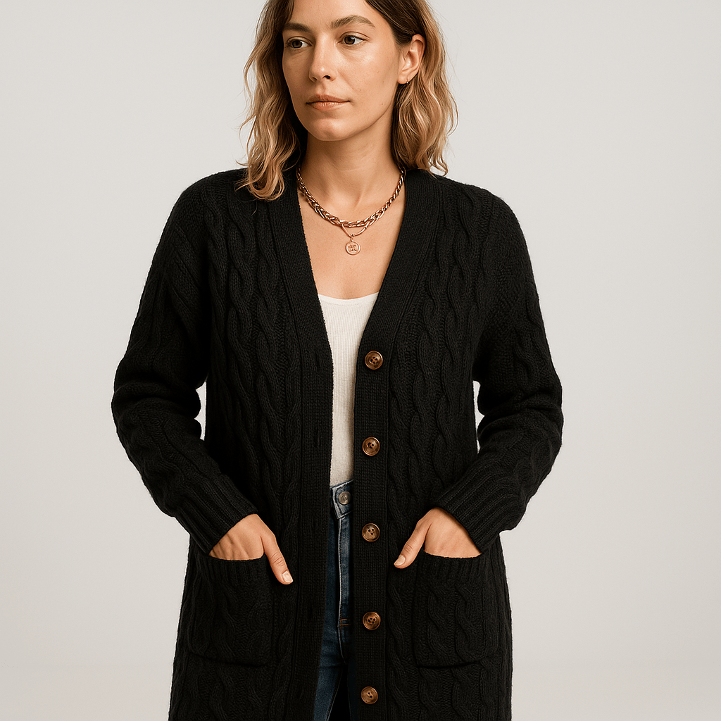 Drune | Beiger, längerer und bequemer Cardigan mit Zopfstrick im zeitlosen Stil