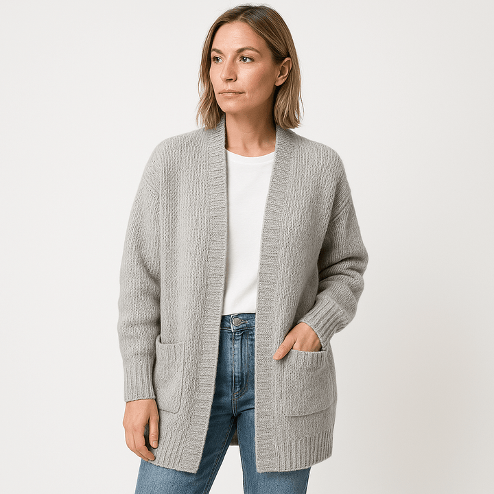 Drune | Langer Cardigan Beige Sanfte Masche Elegante Lässigkeit