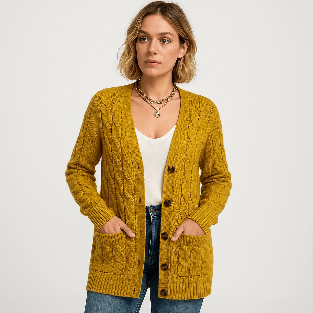 Drune | Beiger, längerer und bequemer Cardigan mit Zopfstrick im zeitlosen Stil