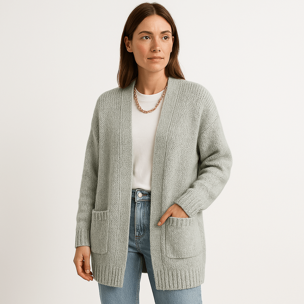 Drune | Langer Cardigan Beige Sanfte Masche Elegante Lässigkeit