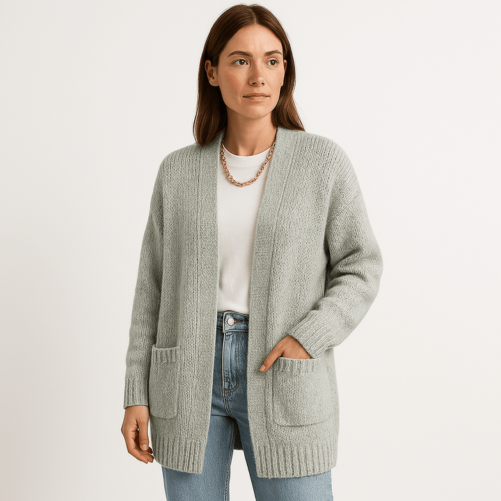 Drune | Langer Cardigan Beige Sanfte Masche Elegante Lässigkeit