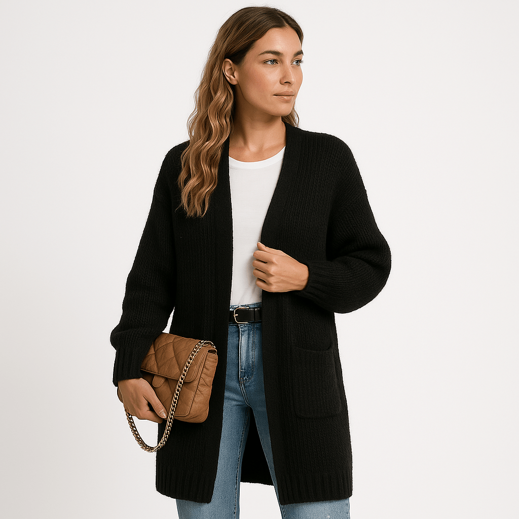 Drune | Langer Cardigan Beige Sanfte Masche Elegante Lässigkeit