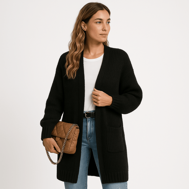 Drune | Langer Cardigan Beige Sanfte Masche Elegante Lässigkeit