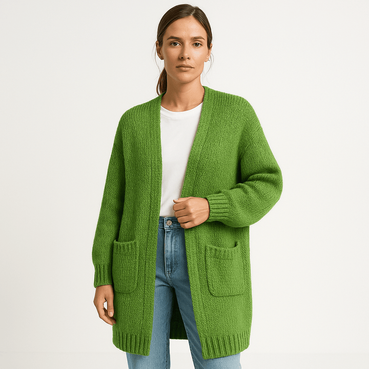 Drune | Langer Cardigan Beige Sanfte Masche Elegante Lässigkeit