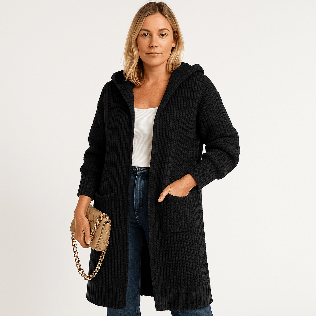 Drune | Langer und Bequemer Schwarz Hoodie Cardigan Strick Komfort