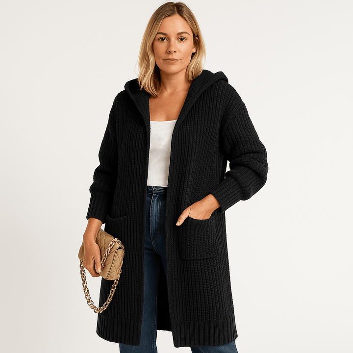 Drune | Langer und Bequemer Schwarz Hoodie Cardigan Strick Komfort