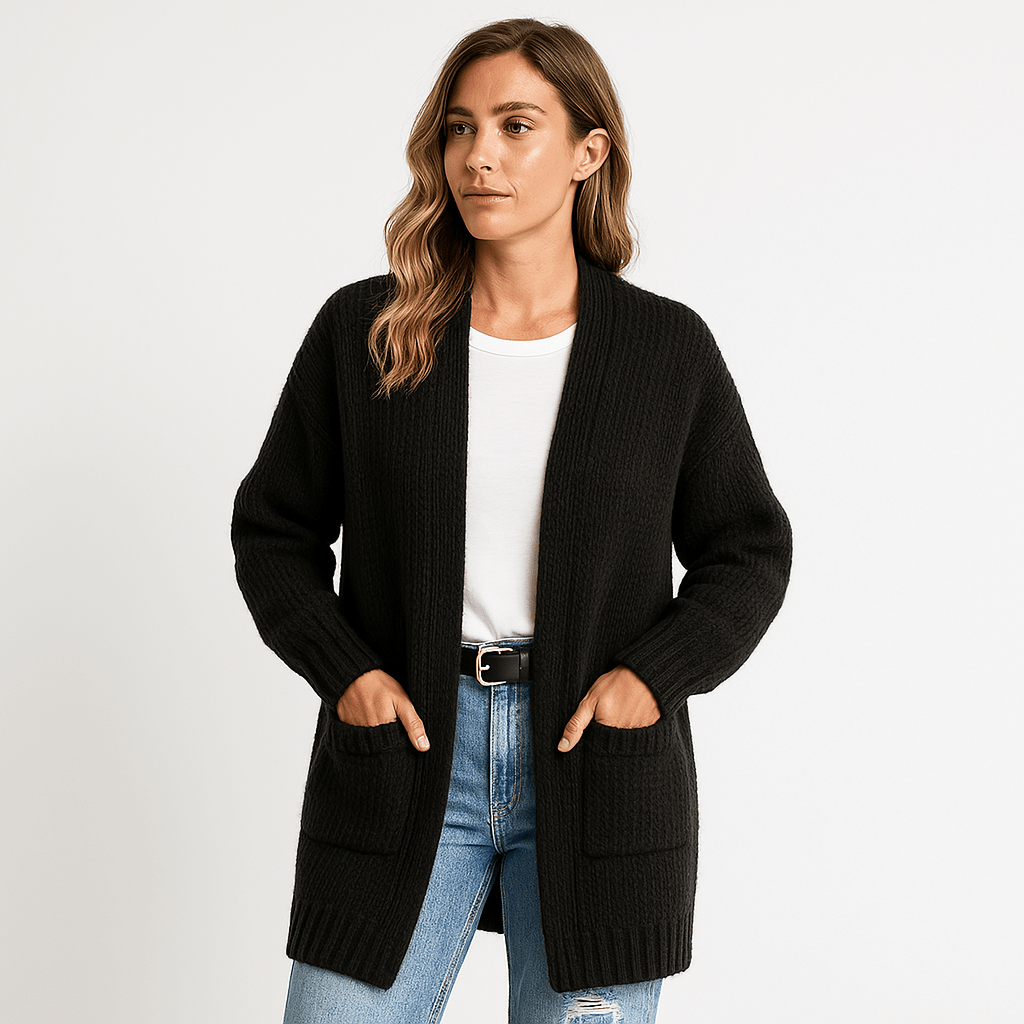 Drune | Langer Cardigan Beige Sanfte Masche Elegante Lässigkeit